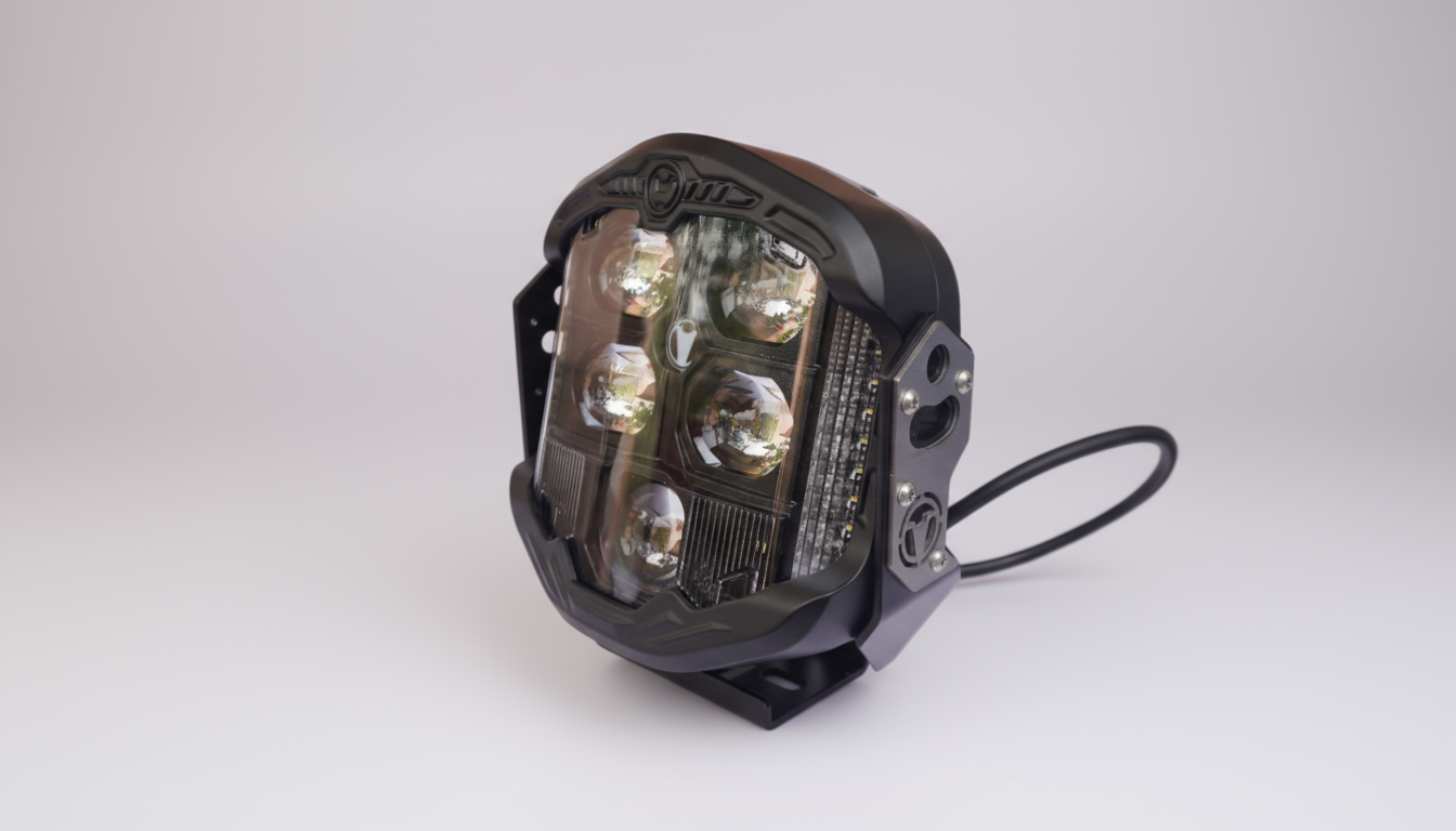 LED light bulb on a white surface with a brown cardboard box in the background