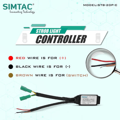 SimTAC strobe light controller with wiring diagram on a white background