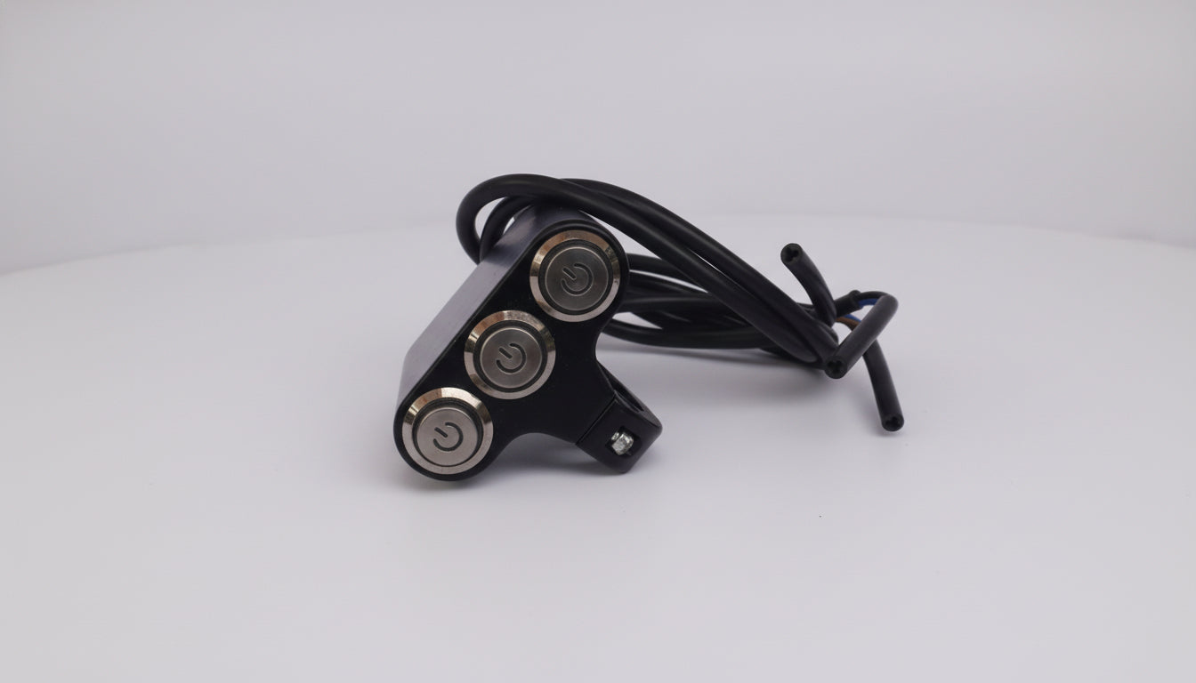 Universal Handlebar Triple Push Button Metallic Switch with LED – ON/OFF Type (12V, 10A, Aluminium, CE Certified)